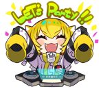  1girl :d ^_^ arms_up blonde_hair blush_stickers chibi closed_eyes colored_tips denonbu facing_viewer fangs hair_ears high_collar holographic_interface jacket kurumitsu long_sleeves lowres multicolored_hair official_art open_mouth short_hair sleeves_past_fingers sleeves_past_wrists smile solo taiga_lucia transparent_background turntable upper_body white_hair white_jacket zipper zipper_pull_tab 