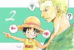  2boys ? arrow_(symbol) artist_name black_hair child close-up earrings green_hair green_kimono hanakotoba28 hat highres holding holding_clothes japanese_clothes jewelry kimono looking_up male_focus monkey_d._luffy multiple_boys one_piece pointing pointing_to_the_side profile roronoa_zoro scar scar_across_eye scar_on_face shirt short_hair sideburns sleeveless sleeveless_shirt straw_hat v-shaped_eyebrows yellow_shirt 