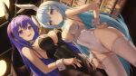  2girls animal_ears bare_arms black_leotard black_pantyhose blue_eyes blue_hair blue_nails breasts cleavage closed_mouth commentary covered_navel cowboy_shot dutch_angle fake_animal_ears h.live hair_ornament hairband hairclip halonakoma9 hand_on_own_hip highres indoors kefilia_neil large_breasts leotard long_hair luna_neige multiple_girls nail_polish open_mouth pantyhose playboy_bunny purple_eyes purple_hair rabbit_ears rabbit_hair_ornament red_nails standing strapless strapless_leotard thighband_pantyhose thighhighs very_long_hair virtual_youtuber wavy_mouth white_hairband white_leotard white_thighhighs wrist_cuffs 