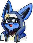 bottomless bridget_(guilty_gear) canid canine clothed clothing ears_up female fluffy generation_4_pokemon hoodie hoodie_only j0lt low_res lucario makeup mammal mascara meme nintendo pokemon pokemon_(species) smile solo topwear topwear_only trollface unknown_artist