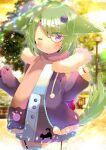  1girl ;) animal_ears black_jacket black_skirt blurry blurry_background blush brown_scarf closed_mouth crown depth_of_field drawstring fur-trimmed_hood fur_trim garter_straps green_hair hair_ornament hands_up hood hood_down hooded_jacket jacket kouu_hiyoyo long_sleeves looking_at_viewer mini_crown nail_polish one_eye_closed open_clothes open_jacket original pinching_sleeves puffy_long_sleeves puffy_sleeves purple_eyes red_nails ribbed_shirt scarf shirt skirt sleeves_past_wrists smile solo tail_raised thighhighs tilted_headwear white_shirt 