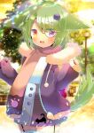  1girl :d animal_ears black_jacket black_skirt blurry blurry_background blush brown_eyes brown_scarf commentary_request crown depth_of_field drawstring fur-trimmed_hood fur_trim garter_straps green_hair hair_ornament hands_up heterochromia hood hood_down hooded_jacket jacket kouu_hiyoyo long_sleeves looking_at_viewer mini_crown nail_polish open_clothes open_jacket open_mouth original pinching_sleeves puffy_long_sleeves puffy_sleeves purple_eyes red_nails ribbed_shirt scarf shirt skirt sleeves_past_wrists smile solo tail_raised thighhighs tilted_headwear white_shirt 