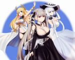  3girls azur_lane bare_shoulders between_breasts black_dress black_legwear black_panties blonde_hair blue_background blue_eyes blue_flower breasts center_opening chain cleavage clothing_cutout dress elbow_gloves eyebrows_visible_through_hair flower formidable_(azur_lane) frilled_dress frills from_side gloves gold_chain gold_trim gothic_lolita grey_hair hair_ribbon highres illustrious_(azur_lane) large_breasts laurel_crown lolita_fashion long_hair looking_at_viewer multiple_girls neckwear_between_breasts open_mouth panties red_eyes ribbon see-through_dress shoulder_cutout simple_background sleeveless sleeveless_dress smile strapless strapless_dress thighhighs tress_ribbon twintails two-tone_dress two-tone_ribbon underwear very_long_hair victorious_(azur_lane) white_background white_dress white_hair white_headwear yutama 