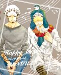  2019 2boys arm_tattoo boots character_name dated denim earrings facial_hair flower flower_necklace goatee grey_background hanakotoba28 hand_tattoo happy_birthday hat highres jeans jewelry jumpsuit long_sleeves looking_at_viewer male_focus multiple_boys musical_note one_piece pants penguin_(one_piece) sideburns sitting tattoo trafalgar_law white_jumpsuit 