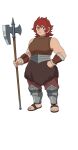  1girl arm_guards armor axe bare_shoulders dungeon_meshi dwarf full_body fur_trim hand_on_own_hip highres holding holding_axe leather_armor looking_at_viewer medium_hair muscular muscular_female namari_(dungeon_meshi) official_art pelt red_hair sandals simple_background solo tachi-e transparent_background 