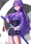  1girl commission frown hanbok holding holding_sword holding_weapon korean_clothes last_origin long_hair long_sleeves mitarasi_ranko pixiv_commission purple_hair red_eyes red_tassel sheath solo standing sword unsheathing veronica_(last_origin) very_long_hair weapon 
