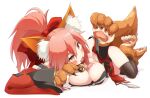  1girl :d animal_ears animal_hands arm_up bare_shoulders bell black_thighhighs bow breasts cleavage collar commentary_request daidaiiro detached_sleeves fangs fate/grand_order fate_(series) feet_up fox_ears fox_girl fox_tail full_body gloves hair_between_eyes hair_bow japanese_clothes jingle_bell kimono long_hair looking_at_viewer lying neck_bell on_side open_mouth paw_gloves paw_shoes ponytail red_bow red_collar red_kimono red_sleeves short_kimono simple_background sleeveless sleeveless_kimono smile solo tail tamamo_(fate) tamamo_cat_(fate) thighhighs white_background yellow_eyes 