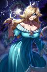  1girl absurdres aqua_dress bare_shoulders blonde_hair blue_eyes breasts brooch cleavage collarbone commentary crown dress grin hair_over_one_eye highres holding holding_wand jewelry long_hair looking_at_viewer mario_(series) off-shoulder_dress off_shoulder pink_lips rageman709 revision rosalina smile solo star_(symbol) star_wand very_long_hair wand 
