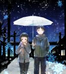  1boy 1girl bag black_hair black_pants blunt_bangs blush coat grey_coat grey_scarf hand_in_pocket handbag highres house mask medium_hair minatsuki_yurara mouth_mask outdoors pants power_lines sano-chan_wa_tsuneni_kao_ari scarf shared_umbrella snowflakes snowing standing umbrella 