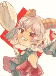  1girl blue_ribbon breasts commentary curled_horns earrings grey_hair horn_ornament horn_ribbon horns jewelry looking_at_viewer pointy_ears rectangular_pupils red_eyes ribbon sasa6666s short_hair smile solo spork touhou toutetsu_yuuma upper_body 