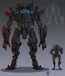  absurdres apex_legends cable english_commentary full_body grey_background highres humanoid_robot looking_down looking_to_the_side mecha no_humans one-eyed orange_eyes pathfinder_(apex_legends) robot science_fiction shadow thumbs_up titan_(titanfall) titanfall_(series) wolfdawg_art 