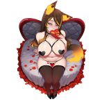  1girl absurdres animal_ears blush box breasts brown_hair candy chocolate fiery_ears flame-tipped_tail food heart heart-shaped_box heart-shaped_chocolate heart_maebari heart_pasties highres holding holding_chocolate holding_food indie_virtual_youtuber jewelry large_breasts long_hair looking_at_viewer maebari multicolored_hair myth1carts navel orange_eyes orange_hair pasties petals sinder_(vtuber) sitting smile solo streaked_hair tail thighhighs valentine virtual_youtuber wolf_ears wolf_girl wolf_tail 