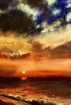  beach blue_sky cloud cloudy_sky highres horizon no_humans ocean orange_sky original painting_(medium) shibakaka shore sky sun sunset traditional_media water watercolor_(medium) waves 