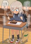  1girl afterimage bag black_socks blue_eyes blurry blurry_background chair classroom commentary crocodile crocodilian depth_of_field desk dress_shirt food fork girls_und_panzer grey_hair grey_shirt hamburger_steak highres holding holding_fork holding_knife indoors insignia itsumi_erika jinguu_(4839ms) knife kuromorimine_school_uniform long_sleeves medium_hair open_mouth plate rice saliva school_chair school_desk school_uniform shirt shoes sitting smile socks solo tapping_foot uwabaki white_footwear wing_collar wooden_floor 