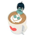  1girl :p blue_hair blue_sclera colored_sclera colored_skin commentary cup dusty_(ddusty) english_commentary fins food green_skin head_fins heart highres in_container in_cup in_food knees_up latte_art looking_at_viewer monster_girl mug multicolored_hair nude original partially_submerged print_mug short_hair sitting solo streaked_hair sweat tongue tongue_out white_background white_hair 