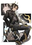  1boy absurdres arknights black_hair black_skin brown_hair chinese_zodiac chong_yue_(arknights) colored_skin crotchless crotchless_pants dragon_boy dragon_horns dragon_tail earrings gradient_skin highres horns jacket jewelry kurono_233 long_hair long_tail looking_at_viewer male_focus multicolored_hair multiple_views new_year pants pointy_ears profile red_eyes smile streaked_hair tail textless_version thick_eyebrows year_of_the_dragon 