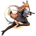  1girl :d animal_ear_fluff animal_ears arknights black_footwear black_gloves black_skirt brown_eyes brown_hair brown_thighhighs commentary elbow_gloves franka_(arknights) from_side gloves grey_shirt high_heels highres holding holding_sword holding_weapon long_hair looking_at_viewer looking_to_the_side pleated_skirt puffy_short_sleeves puffy_sleeves shirt shoes short_sleeves simple_background skirt smile solo sword tail thighhighs truffletrefla weapon white_background 