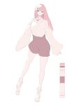  1girl absurdres closed_mouth clothing_cutout facing_viewer full_body green_eyes high-waist_shorts highres jewelry legs limited_palette long_hair long_sleeves looking_at_viewer mazaki_oekaki necklace original pale_color pastel_colors pink_hair shorts shoulder_cutout sketch smile solo standing white_background white_footwear wide_sleeves 