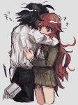  1boy 1girl ? bangs black_hair black_pants blush book brown_jacket brown_skirt danganronpa/zero danganronpa_(series) eyebrows_visible_through_hair grey_shirt highres hope&#039;s_peak_academy_school_uniform hug jacket kara_aren long_hair long_sleeves matsuda_yasuke messy_hair miniskirt neck_ribbon otonashi_ryouko pants pleated_skirt red_eyes red_hair red_ribbon ribbon school_uniform shirt short_hair skirt translation_request 