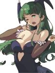  1girl bare_shoulders black_leotard breasts cleavage clothing_cutout collarbone green_eyes green_hair head_wings heart_cutout highres leotard long_hair morrigan_aensland ooiwa_(irc14786149) open_mouth pantyhose simple_background solo strapless strapless_leotard vampire_(game) white_background wings 