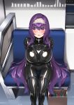  1girl absurdres arms_behind_back black_bodysuit blush bodysuit bondage_outfit bound breasts ground_vehicle hairband hie_(hiememiko) hiememiko highres latex latex_bodysuit long_hair looking_away looking_to_the_side original purple_eyes purple_hair shiny shiny_clothes skin_tight solo tearing_up train train_interior 