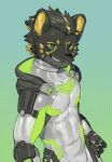 abs anthro athletic athletic_anthro athletic_male black_body black_fur felid fur green_eyes green_sclera hi_res hood looking_at_viewer male mammal pantherine pecs slim_anthro slim_male smug_grin solo squidly standing superhero_costume tiger yellow_body yellow_fur yellow_inner_ear