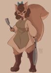 2024 anthro barefoot breasts brown_body brown_fur clothed clothing dated digital_drawing_(artwork) digital_media_(artwork) feet female fully_clothed fur hi_res holding_object holding_pan holding_spatula holding_tool leg_markings looking_at_viewer mammal markings rodent sciurid simple_background smile socks_(marking) solo spatula standing surisu_(tohupo) tohupo tools tree_squirrel