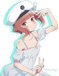  1girl alternate_costume brown_eyes brown_hair double_v dress flat_chest hat highres kantai_collection liking one-hour_drawing_challenge sailor_hat short_hair solo v white_background white_dress white_headwear z3_max_schultz_(kancolle) 