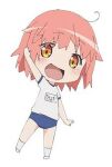  1girl :d arm_up blue_buruma blush buruma chibi clothes_writing commentary_request fate/kaleid_liner_prisma_illya fate_(series) full_body gym_shirt lowres name_tag official_art open_mouth orange_eyes pink_hair shirt short_hair short_sleeves smile socks solo standing tanaka_(fate) waving white_background white_footwear white_shirt white_socks 