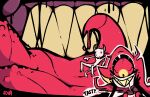 bodily_fluids cyclops drooling duo female hazbin_hotel hi_res highlights_(coloring) humanoid inside_mouth internal internal_oral larger_female macro micro mosquitostew niffty_(hazbin_hotel) on_tongue oral_vore saliva sharp_teeth size_difference smile tasting teeth vore