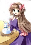  1girl :d bistro_cupid bow braid brown_hair cake celery_periwinkle crown_braid dress food frills green_eyes hair_bow highres light_brown_hair long_hair looking_at_viewer looking_back official_art open_mouth pandaki_(aki) pink_bow purple_dress ribbon scan simple_background smile solo two_side_up 
