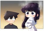  1boy 1girl absurdres artist_name black_eyes black_hair blush border collared_shirt covering_own_mouth gradient_background hair_between_eyes hand_over_own_mouth highres j_humbo komi-san_wa_komyushou_desu komi_shouko long_hair long_sleeves looking_at_another purple_eyes shaking shirt short_hair sidelocks sleeves_past_wrists steam steaming_body sweat swept_bangs t-shirt tadano_hitohito upper_body white_shirt wide-eyed 