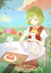  1girl ascot blue_sky bouquet cake closed_mouth cloud commentary cup drinking_glass field flower flower_field food fork green_hair holding holding_cup kazami_yuuka parasol plaid plaid_vest red_eyes red_vest shirt short_hair short_sleeves sitting sky smile solo sunflower sunflower_field tarot teacup teapot the_empress_(tarot) touhou umbrella vest vikramjoti white_shirt white_umbrella yellow_ascot 