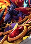  1other ayo_(ayosanri009) bryweludramon colored_sclera digimon digimon_(creature) durandamon feather_hair fire forehead_jewel head_wings highres knight mecha ragnalordmon robot shield sword weapon wings yellow_sclera 