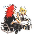  2boys absurdres arm_wrestling axel_(kingdom_hearts) black_jacket black_pants blonde_hair blue_eyes closed_eyes commentary elbow_rest english_commentary facing_away flying_sweatdrops furrowed_brow hand_on_table high_collar highres jacket kingdom_hearts kingdom_hearts_iii long_hair looking_at_another male_focus multiple_boys on_chair pants red_hair roxas short_hair short_sleeves sitting snoozaga spiked_hair table upper_body white_background white_jacket wristband 