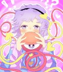  1girl black_hairband blouse blue_shirt buttons covering_own_mouth eyeball frilled_sleeves frills hair_ornament hairband heart heart_button heart_hair_ornament holding komeiji_satori pink_eyes pink_hair seisumochi shirt siblings sisters solo third_eye touhou wide_sleeves 