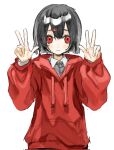  1984_(artist) 1girl black_hair blush closed_mouth double_w hair_ornament hairclip hands_up highres hood hoodie long_sleeves looking_at_viewer original red_eyes red_hoodie short_hair simple_background solo upper_body w white_background 