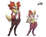 anthro big_breasts braixen breasts brown_eyes delphox duo female generation_6_pokemon grey_eyes hi_res jellyscented nintendo pokemon pokemon_(species) pupils slit_pupils stick stick_in_tail tail