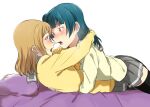  2girls after_kiss arms_around_neck arms_around_waist bed blue_eyes green_sailor_collar green_skirt hug kunikida_hanamaru long_sleeves love_live! love_live!_sunshine!! lying multiple_girls on_back on_bed one_side_up orange_eyes orange_hair pillow pleated_skirt purple_hair sailor_collar saliva saliva_trail shirt simple_background skirt sweat tsushima_yoshiko vorupi white_background yellow_shirt yuri 