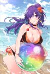  1girl alternate_costume beach bikini black_bikini blush breasts choker cleavage commentary_request fire_emblem fire_emblem:_three_houses fire_emblem_heroes fire_emblem_warriors:_three_hopes hair_bun hair_over_one_eye large_breasts long_hair looking_at_viewer ocean outdoors purple_eyes purple_hair shez_(female)_(fire_emblem) shez_(fire_emblem) simple_background single_hair_bun smile solo swimsuit water yuuri_(orz_commushows) 
