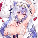  1girl arm_up armpits bangs black_neckwear blush bow bowtie braid breasts brooch cleavage commentary_request covered_nipples flower flower_wreath french_braid genshin_impact hair_cones hair_flower hair_ornament hand_on_own_chest jewelry keqing_(genshin_impact) large_breasts long_hair looking_at_viewer lying melailai on_back parted_lips petals pillow purple_eyes see-through solo veil 