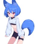  1girl absurdres animal_ear_fluff animal_ears bike_shorts black_undershirt blue_hair bob_cut clenched_hands closed_mouth commentary cowboy_shot crop_top cropped_hoodie flat_chest fox_ears fox_girl fox_tail hair_between_eyes highres hood hood_down hoodie light_blush light_frown long_sleeves looking_at_viewer midriff miya_(myakuro) myakuro navel original red_eyes short_hair simple_background sleeves_past_wrists slit_pupils solo tail thigh_gap turtleneck v-shaped_eyebrows white_background white_hoodie 