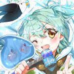  1girl 1other ;d absurdres dissolving green_hair highres ivy_(saijaku_tamer) one_eye_closed potion saijaku_tamer_wa_gomi_hiroi_no_tabi_wo_hajimemashita slime_(creature) smile sora_(saijaku_tamer) trash v voice_actor_connection yellow_eyes yoyoyo. 