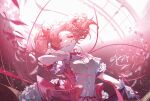  1girl abstract_background alkaidtutu bow buttons choker dress dress_bow entangled floating_hair frilled_dress frilled_skirt frilled_sleeves frills gloves hair_bow half-closed_eyes hand_on_own_chest highres kaname_madoka looking_at_viewer magical_girl mahou_shoujo_madoka_magica mahou_shoujo_madoka_magica_(anime) parted_lips pink_background pink_dress pink_hair pink_ribbon pink_theme puffy_short_sleeves puffy_sleeves red_choker ribbon short_hair short_sleeves short_twintails signature skirt solo twintails upper_body white_gloves white_skirt 