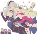  2boys 3girls aisutabetao armored_leotard blonde_hair camilla_(fire_emblem) corrin_(female)_(fire_emblem) corrin_(female)_(ninja)_(fire_emblem) corrin_(fire_emblem) elise_(fire_emblem) elise_(ninja)_(fire_emblem) fire_emblem fire_emblem_fates fire_emblem_heroes grey_hair highres hug leo_(fire_emblem) multiple_boys multiple_girls ninja official_alternate_costume purple_hair purple_rope rope shin_guards shuriken_hair_ornament xander_(fire_emblem) 