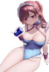  1girl blue_nails blush breasts brown_hair cleavage commentary_request cup detached_collar drinking_straw highleg highres holding holding_cup large_breasts looking_at_viewer maid maid_headdress mole mole_under_eye neit_ni_sei original ponytail red_eyes sitting swimsuit thighs wet wrist_cuffs 