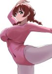  1girl absurdres arabesque_(pose) athletic_leotard ballerina blue_eyes braid breasts brown_hair covered_navel cowboy_shot emma_verde highres large_breasts leotard long_hair looking_at_viewer love_live! love_live!_nijigasaki_high_school_idol_club pantyhose pink_leotard pisagi purple_pantyhose simple_background solo standing standing_on_one_leg twin_braids white_background 