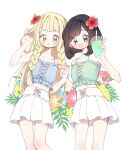  2girls bare_shoulders black_hair blonde_hair blue_camisole blue_eyes blunt_bangs braid camisole drink floral_background flower green_camisole green_eyes hair_flower hair_ornament hand_in_own_hair highres holding holding_drink holding_hands kajiki_ngtk9 lillie_(pokemon) long_hair looking_at_viewer midriff multiple_girls open_mouth pleated_skirt pokemon pokemon_sm selene_(pokemon) short_sleeves skirt teeth twin_braids upper_teeth_only white_background white_skirt 