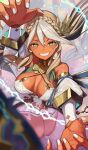  1girl andromeda_(fate) andromeda_(first_ascension)_(fate) blonde_hair braid breasts chain claw_pose crown_braid dark-skinned_female dark_skin fate/grand_order fate_(series) green_eyes grin highres large_breasts long_hair smile white_nails yakupan 