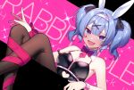  1girl :d animal_ears bare_shoulders black_leotard black_ribbon blue_eyes blue_hair bow bowtie brown_pantyhose clothing_cutout commentary_request english_text fake_animal_ears feet_out_of_frame hair_ornament hatsune_miku heart heart_cutout heart_hair_ornament jenevan leotard long_hair looking_at_viewer open_mouth pantyhose pink_bow pink_bowtie pink_pupils pink_ribbon playboy_bunny rabbit_ears rabbit_hole_(vocaloid) ribbon smile solo stomach_cutout teardrop_facial_mark twintails vocaloid x_hair_ornament 